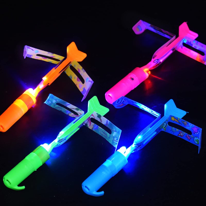 JX Rocket Slingshot Flying Toys with Led Lights 12Pcs LED Arrow Helicopters + 12Pcs Launchers Summer Outdoor Game LED Slingshot Toy for Kids  Glow in The Dark Kids Party Supplies - Image 5